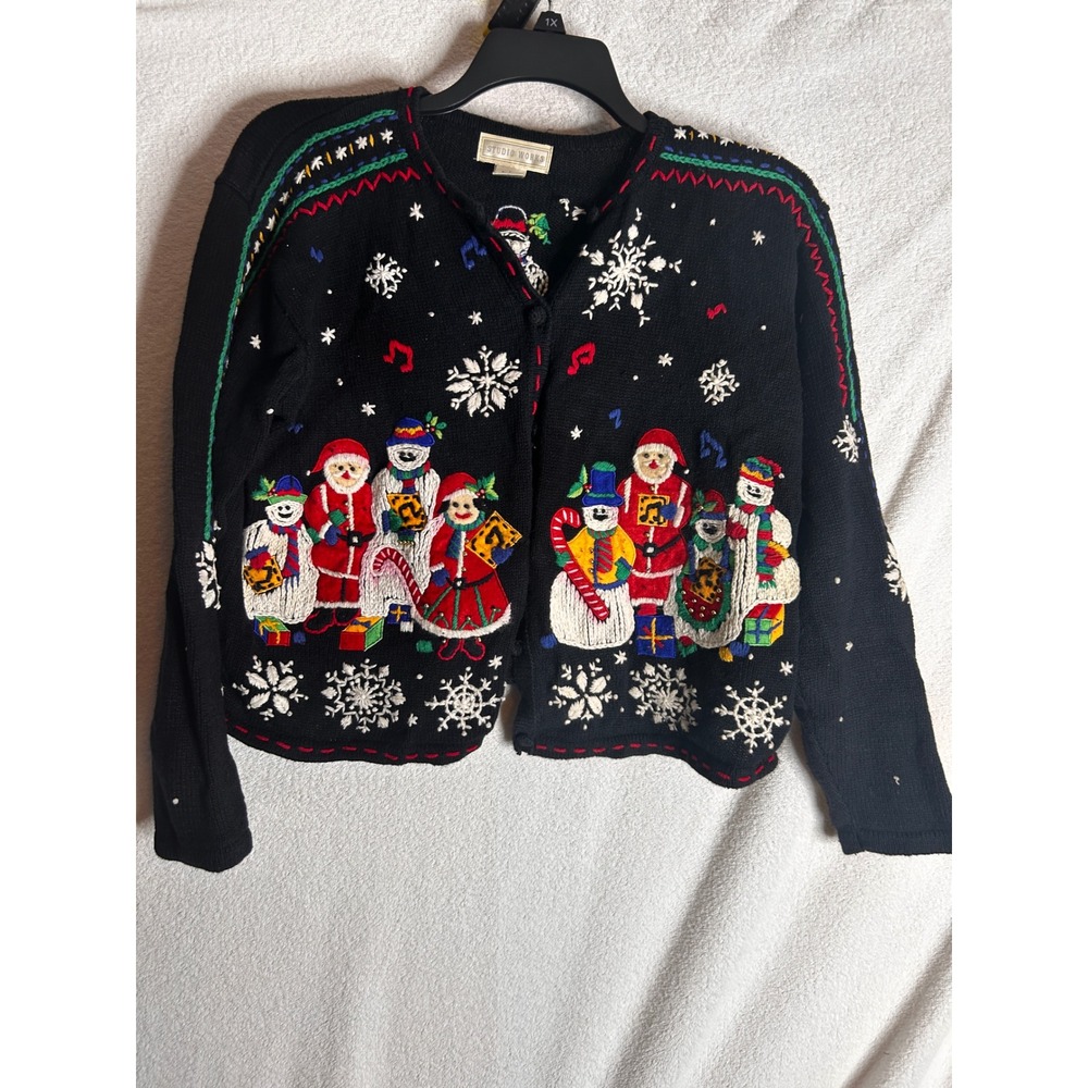 Studio Works Christmas Cardigan Sweater Black Caroling Santa Snowman Large